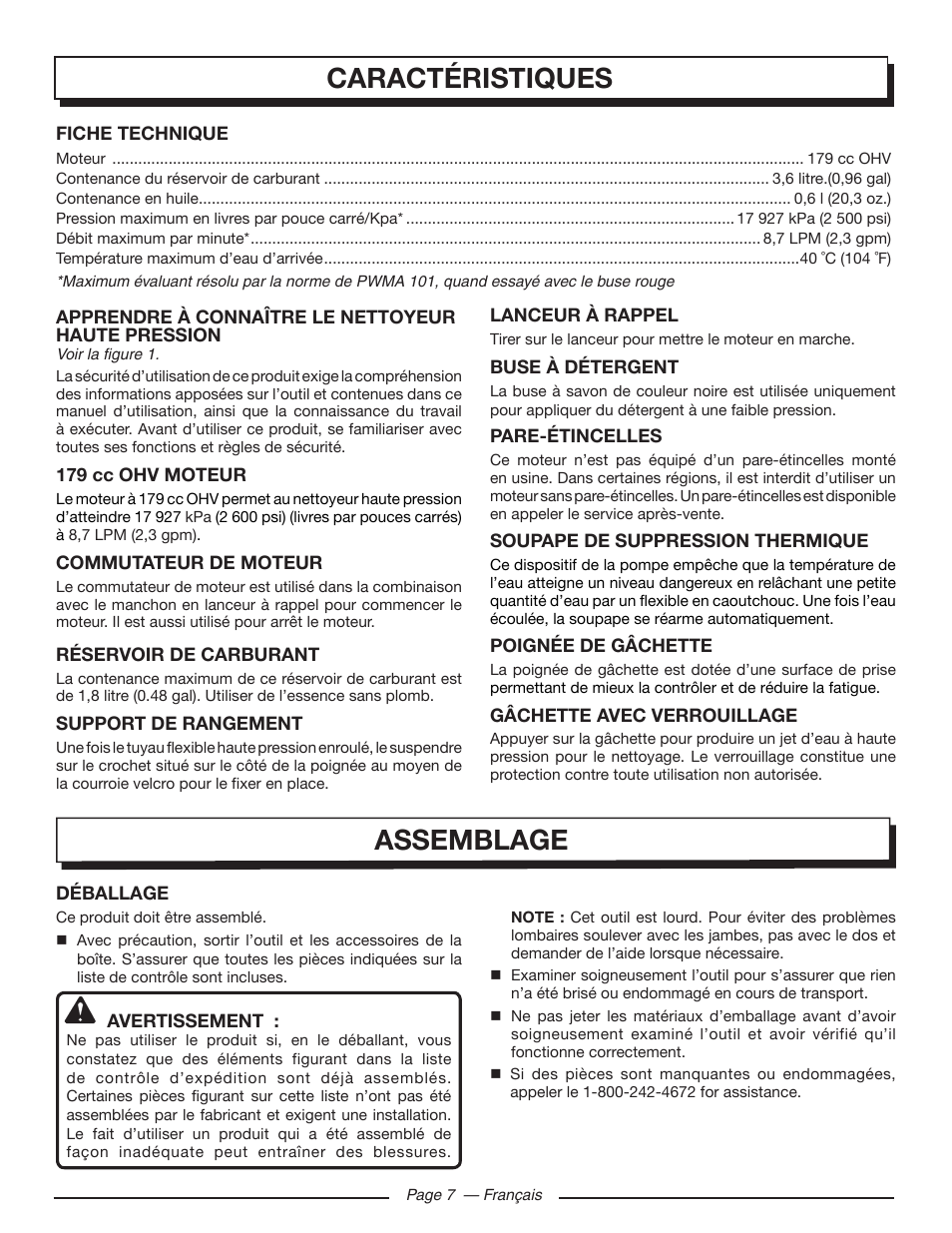 Caractéristiques, Assemblage | Homelite UT80953 User Manual | Page 26 / 52