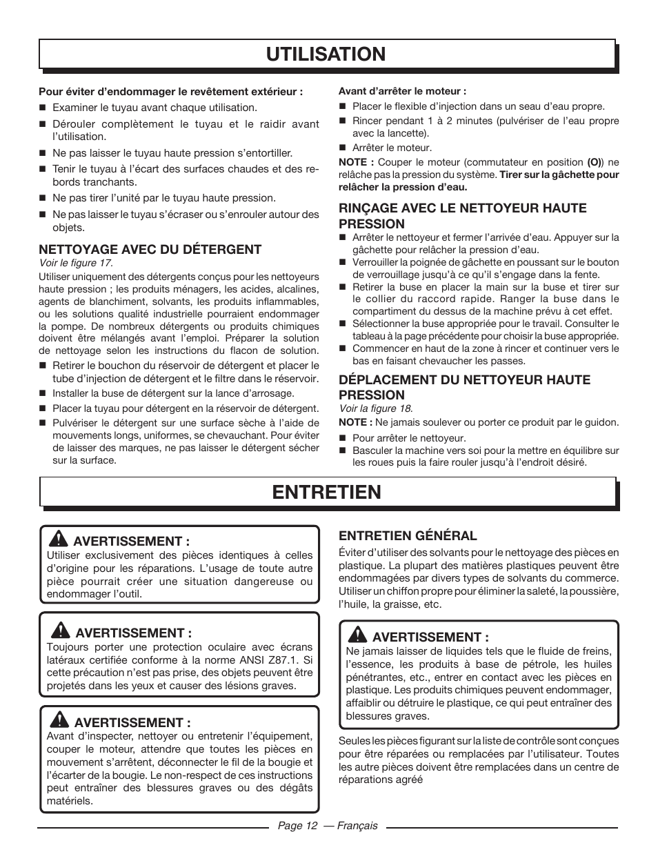 Entretien, Utilisation | Homelite UT80953 User Manual | Page 31 / 52