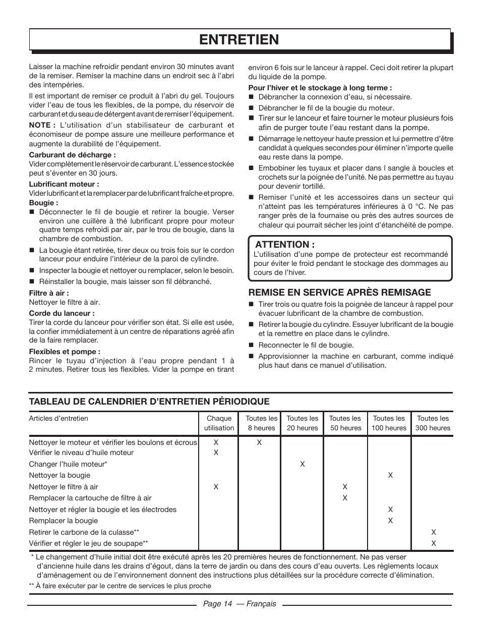Entretien, Attention, Remise en service après remisage | Homelite UT80953 User Manual | Page 33 / 52