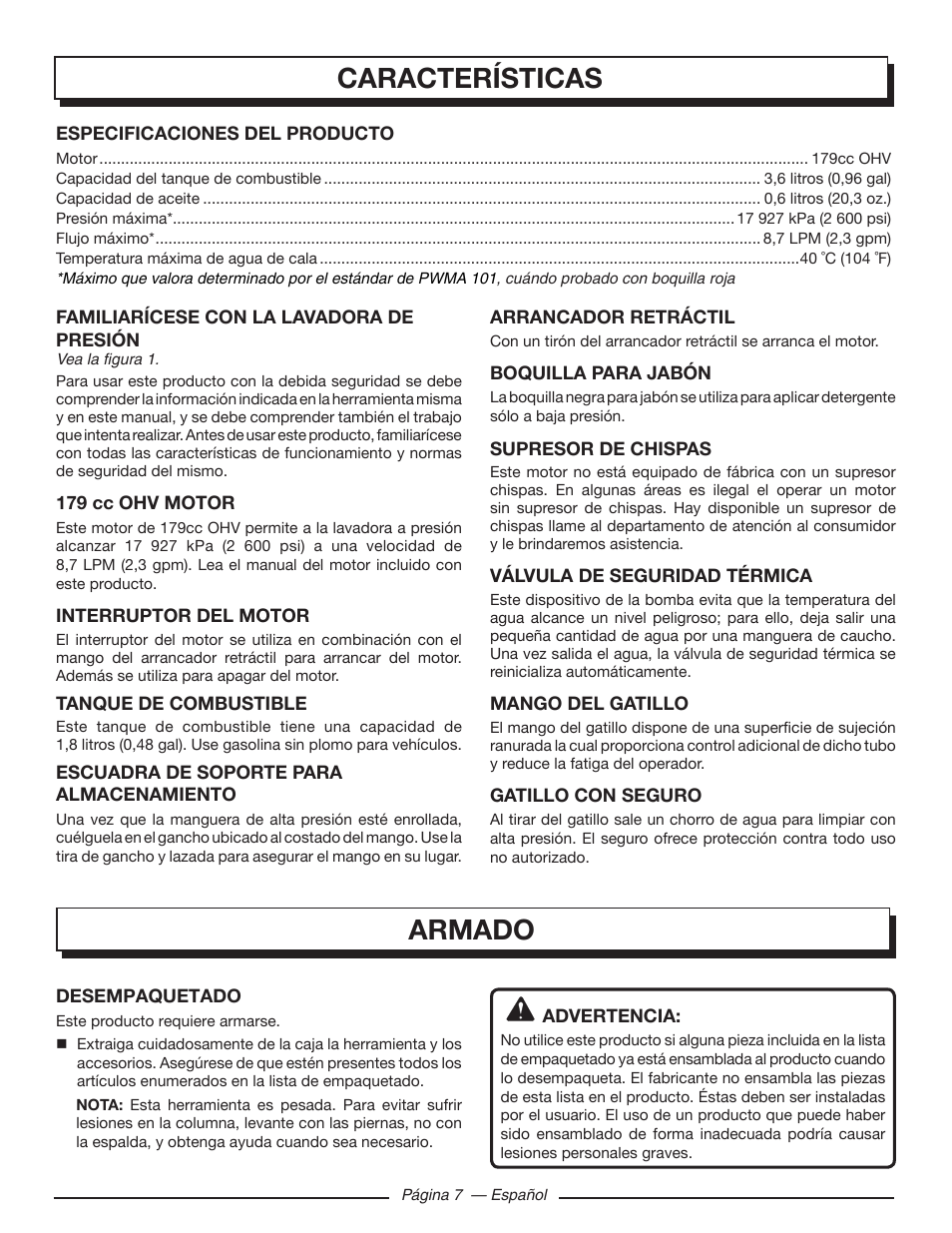 Características, Armado | Homelite UT80953 User Manual | Page 41 / 52
