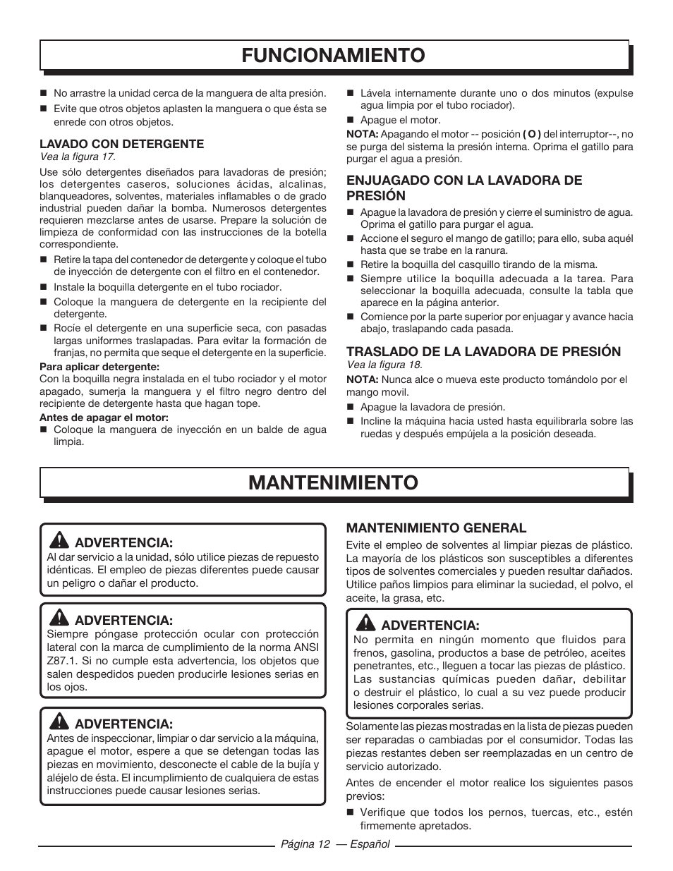 Mantenimiento, Funcionamiento | Homelite UT80953 User Manual | Page 46 / 52