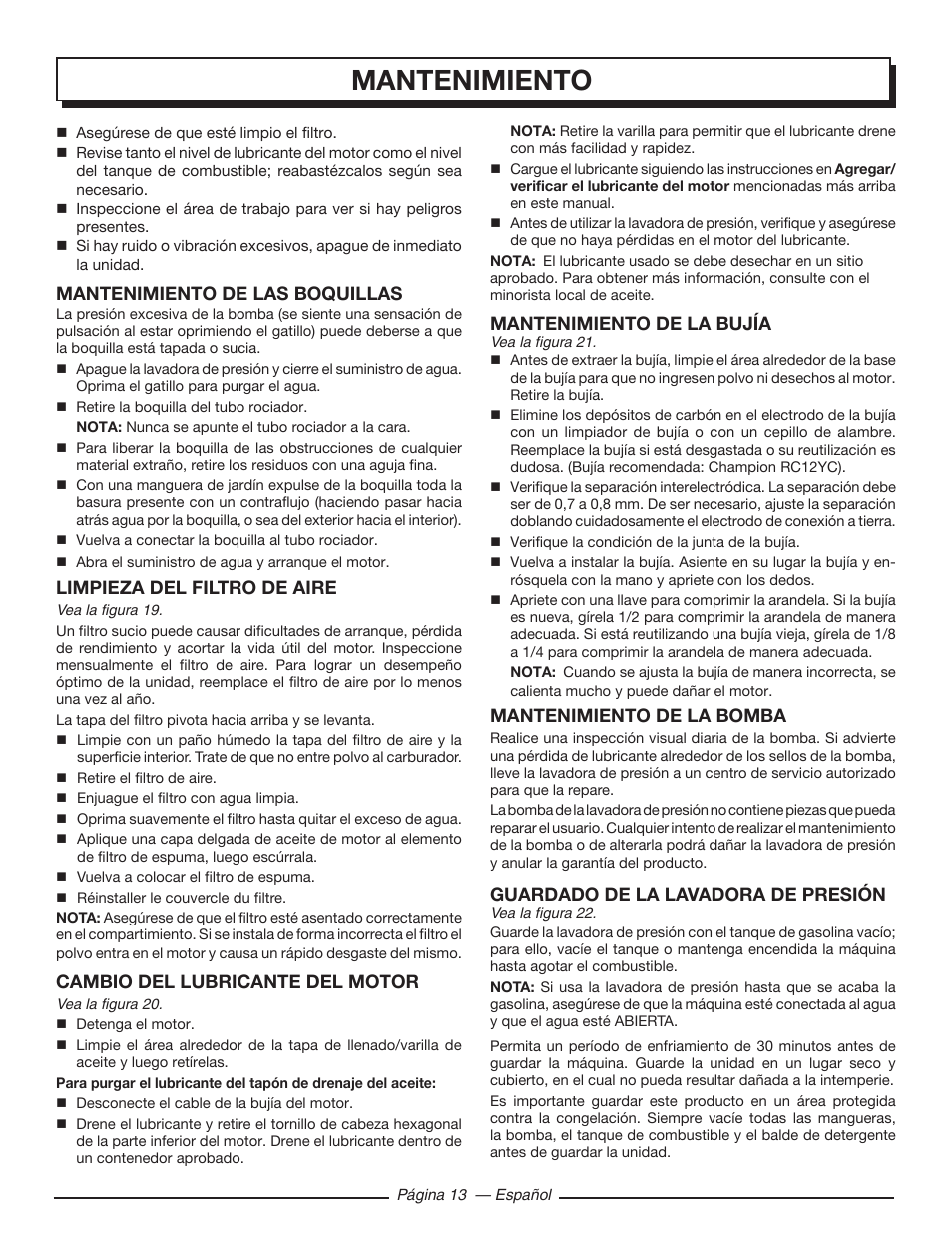 Mantenimiento, Mantenimiento de las boquillas, Limpieza del filtro de aire | Cambio del lubricante del motor, Mantenimiento de la bujía, Mantenimiento de la bomba, Guardado de la lavadora de presión | Homelite UT80953 User Manual | Page 47 / 52