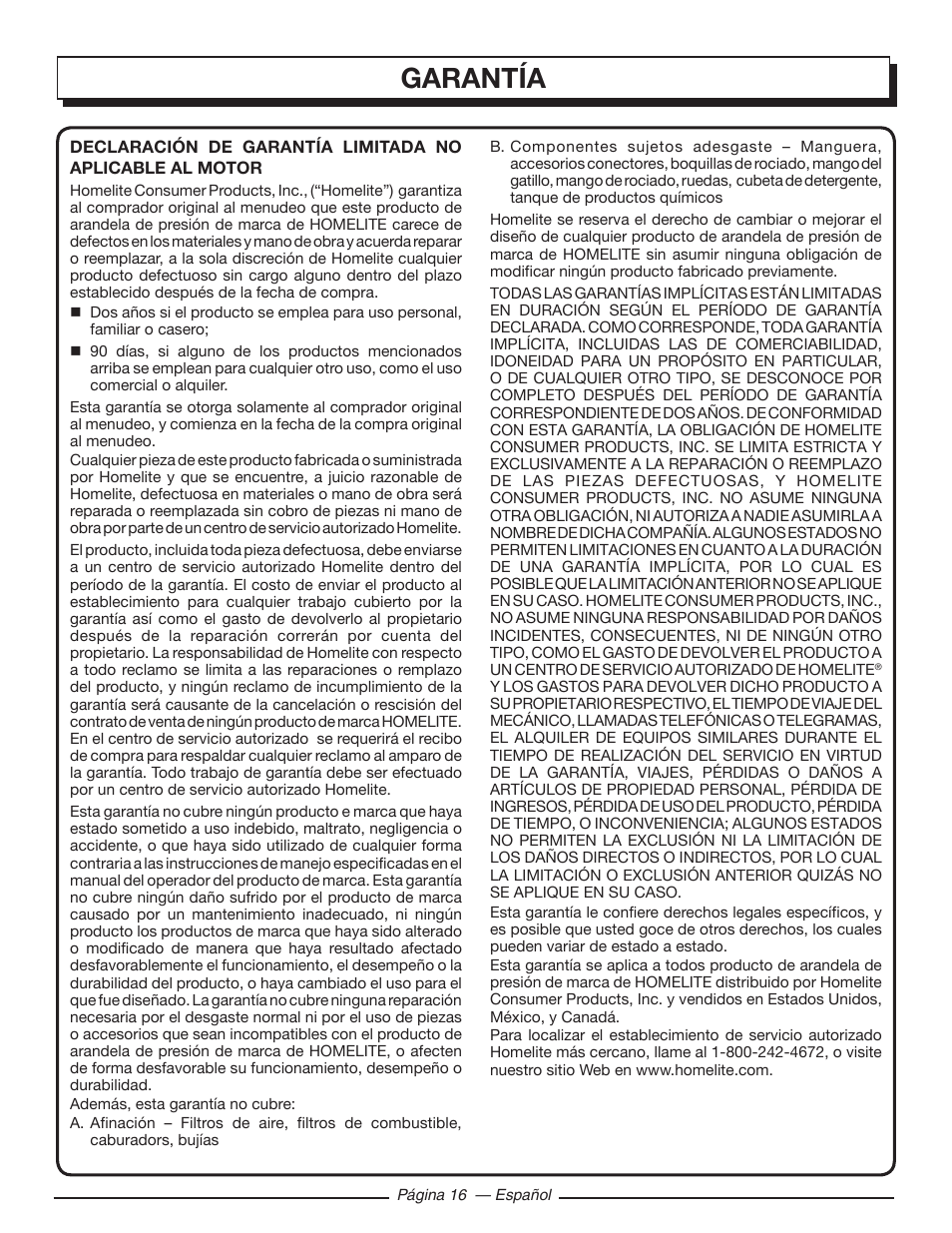 Garantía | Homelite UT80953 User Manual | Page 50 / 52