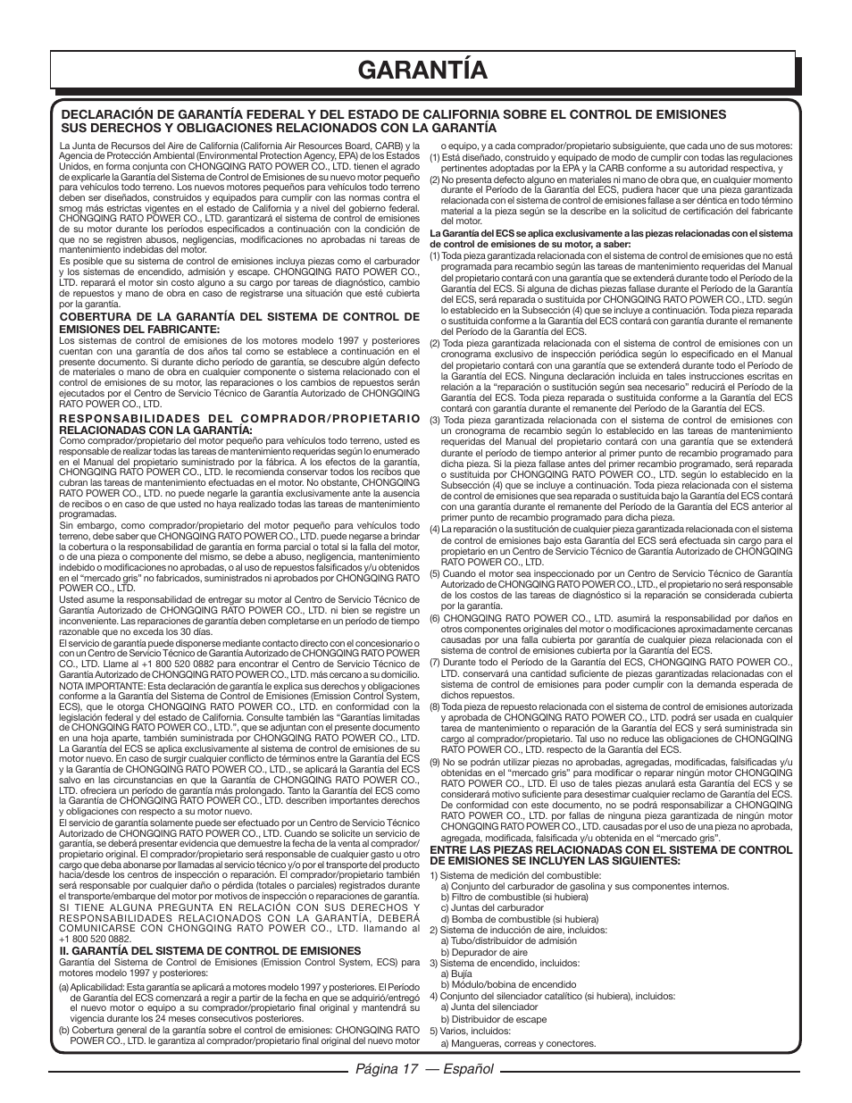 Garantía, Página 17 — español | Homelite UT80953 User Manual | Page 51 / 52