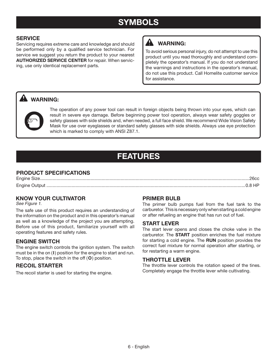 Features, Symbols | Homelite UT60526 User Manual | Page 10 / 48