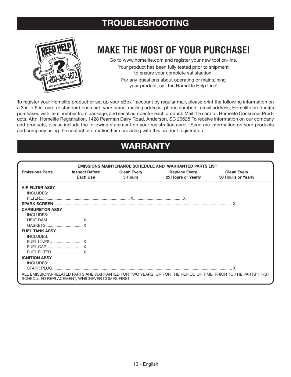 Make the most of your purchase, Warranty, Troubleshooting | Homelite UT60526 User Manual | Page 17 / 48