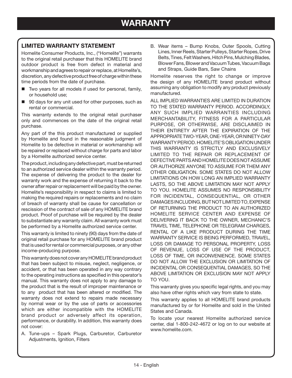 Warranty | Homelite UT60526 User Manual | Page 18 / 48