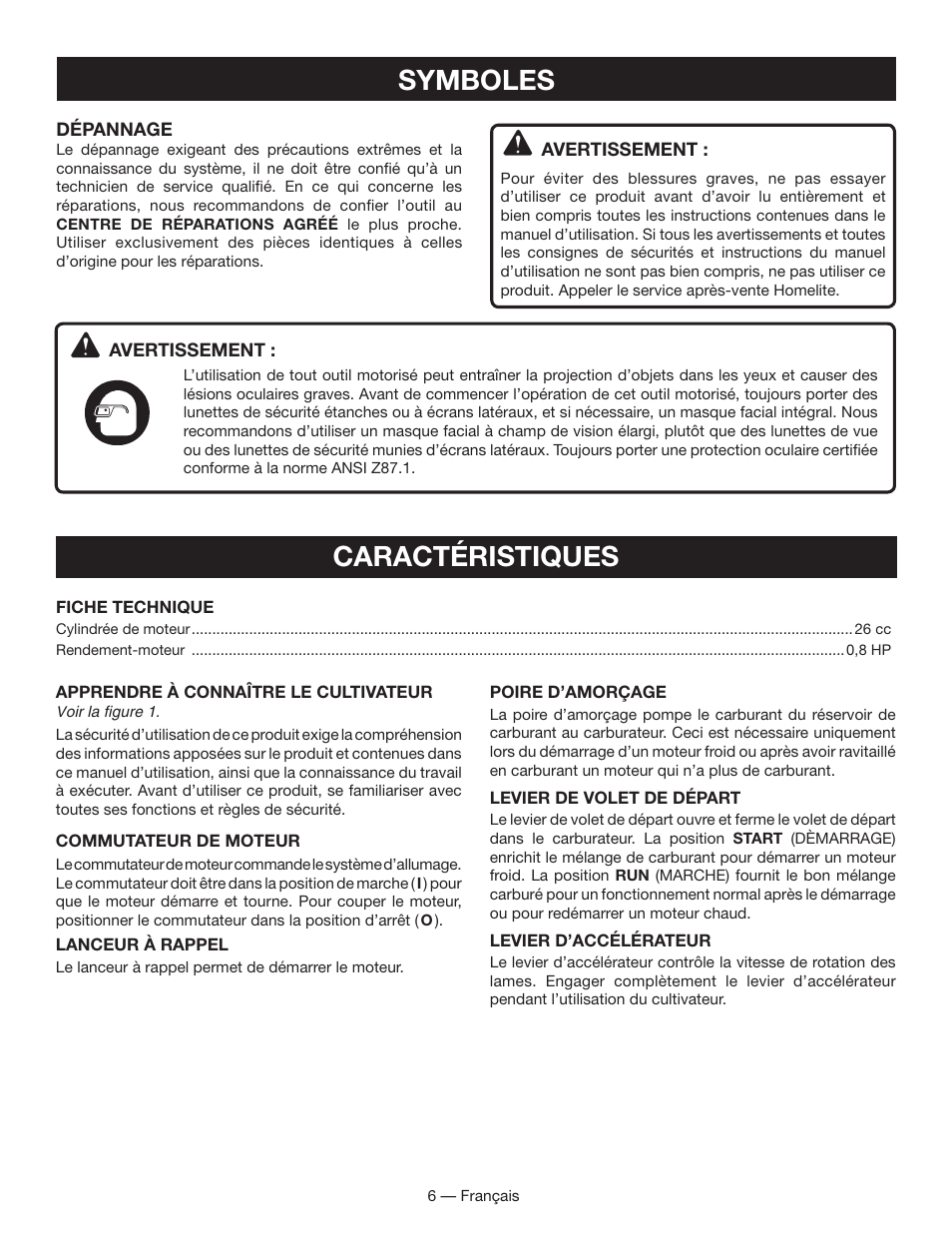 Caractéristiques, Symboles | Homelite UT60526 User Manual | Page 23 / 48