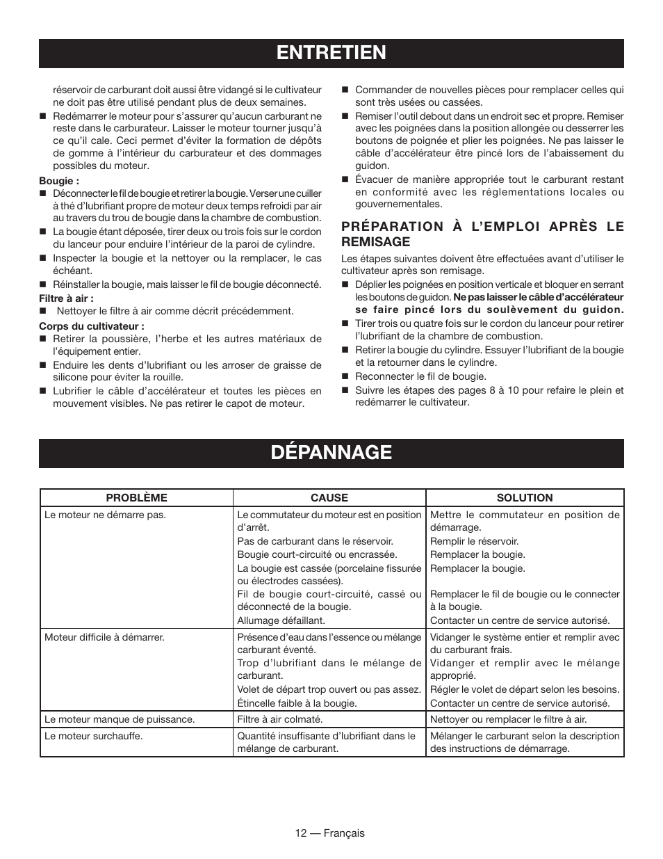 Entretien, Dépannage, Préparation à l’emploi après le remisage | Homelite UT60526 User Manual | Page 29 / 48
