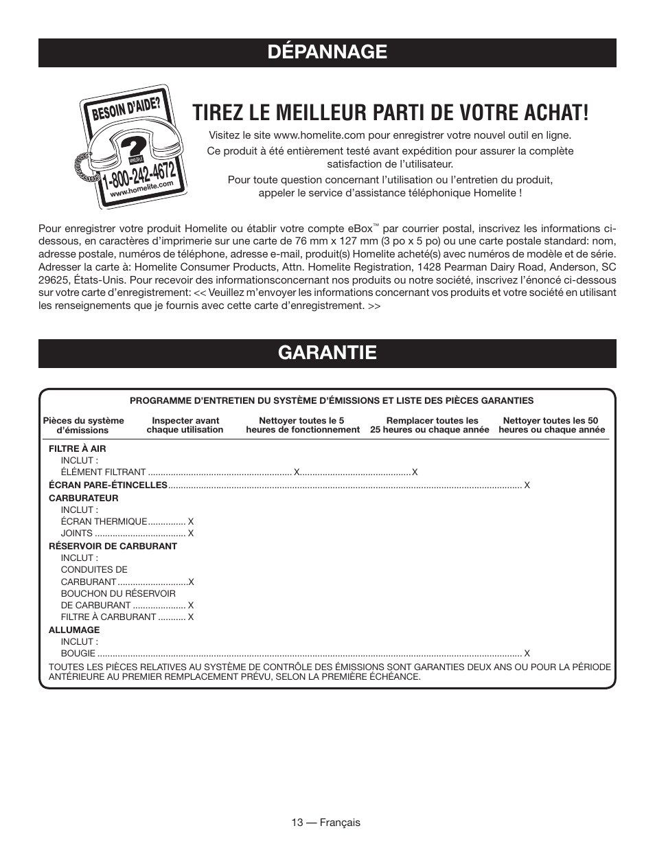 Tirez le meilleur parti de votre achat, Dépannage garantie, Besoin d’aid e | Homelite UT60526 User Manual | Page 30 / 48
