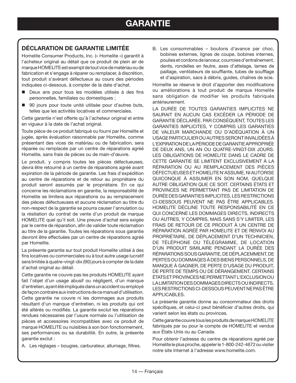 Garantie | Homelite UT60526 User Manual | Page 31 / 48