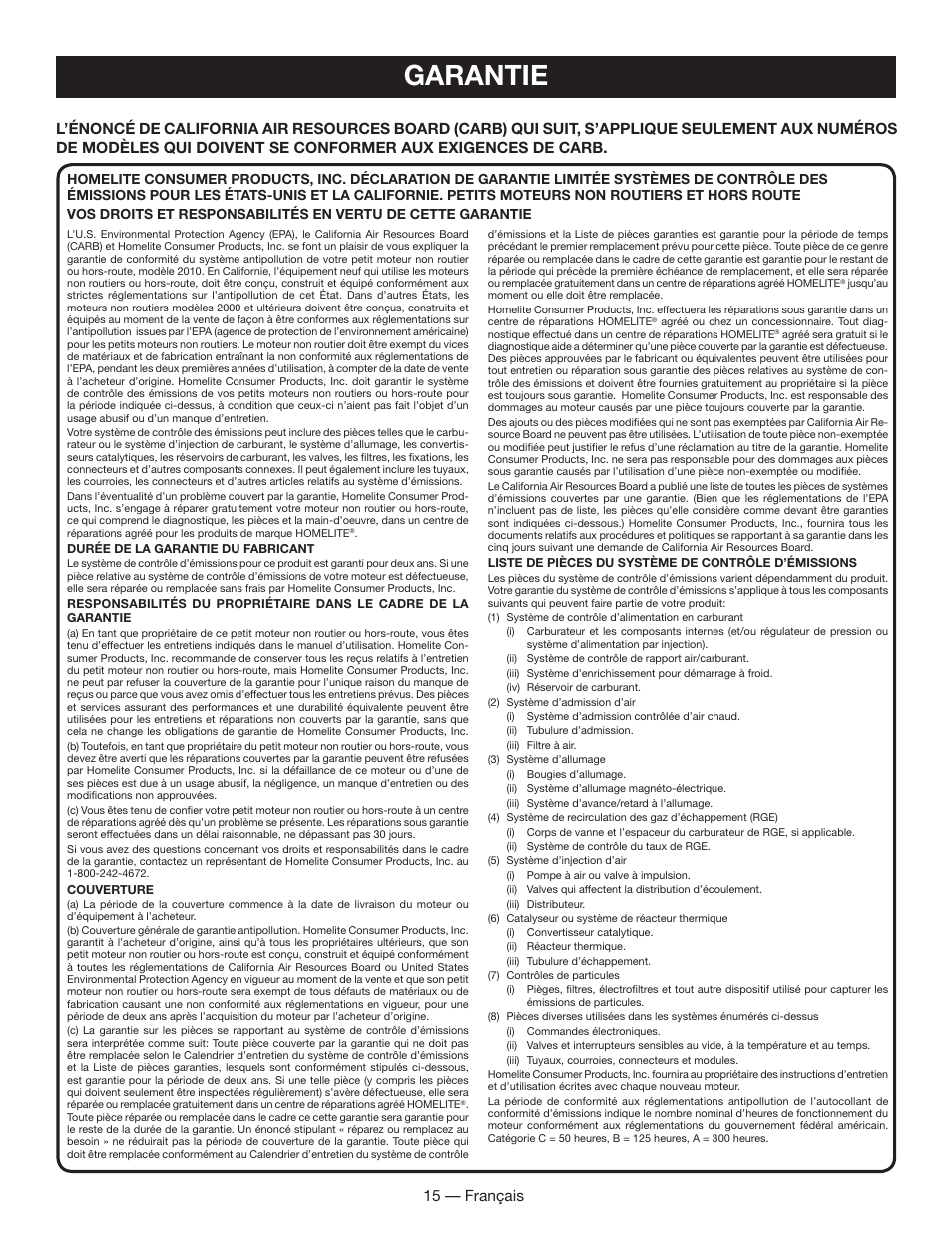 Garantie, 15 — français | Homelite UT60526 User Manual | Page 32 / 48