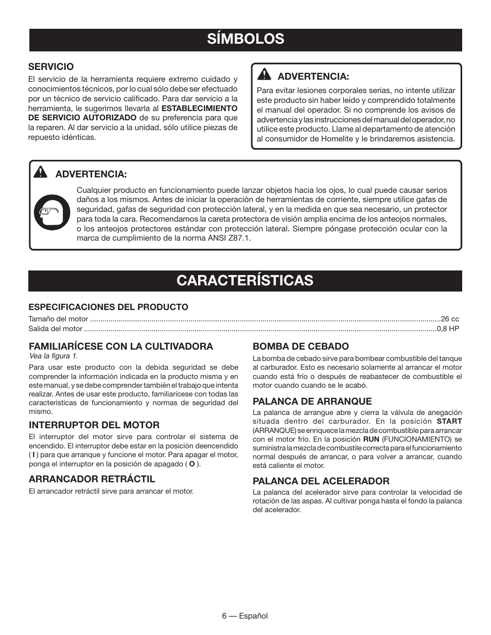 Características, Símbolos | Homelite UT60526 User Manual | Page 36 / 48