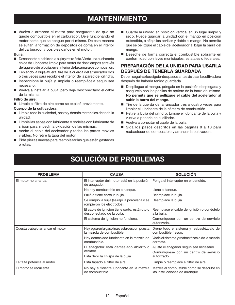 Mantenimiento, Solución de problemas | Homelite UT60526 User Manual | Page 42 / 48