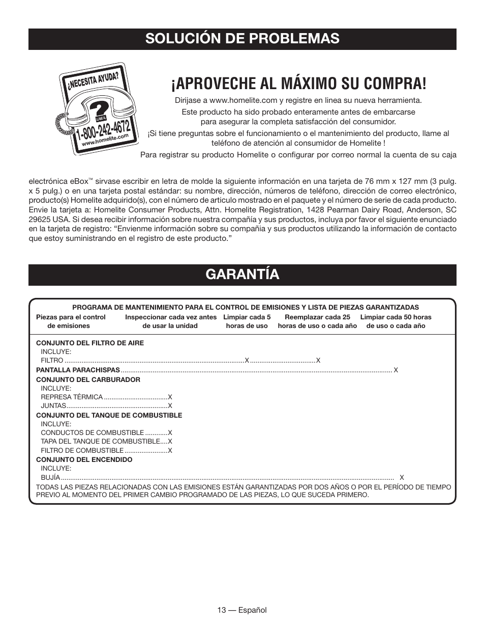 Aproveche al máximo su compra, Garantía, Solución de problemas | Necesita a yuda | Homelite UT60526 User Manual | Page 43 / 48