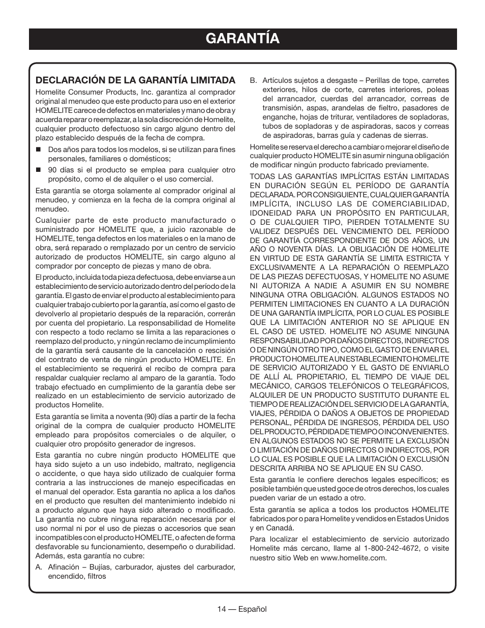 Garantía | Homelite UT60526 User Manual | Page 44 / 48