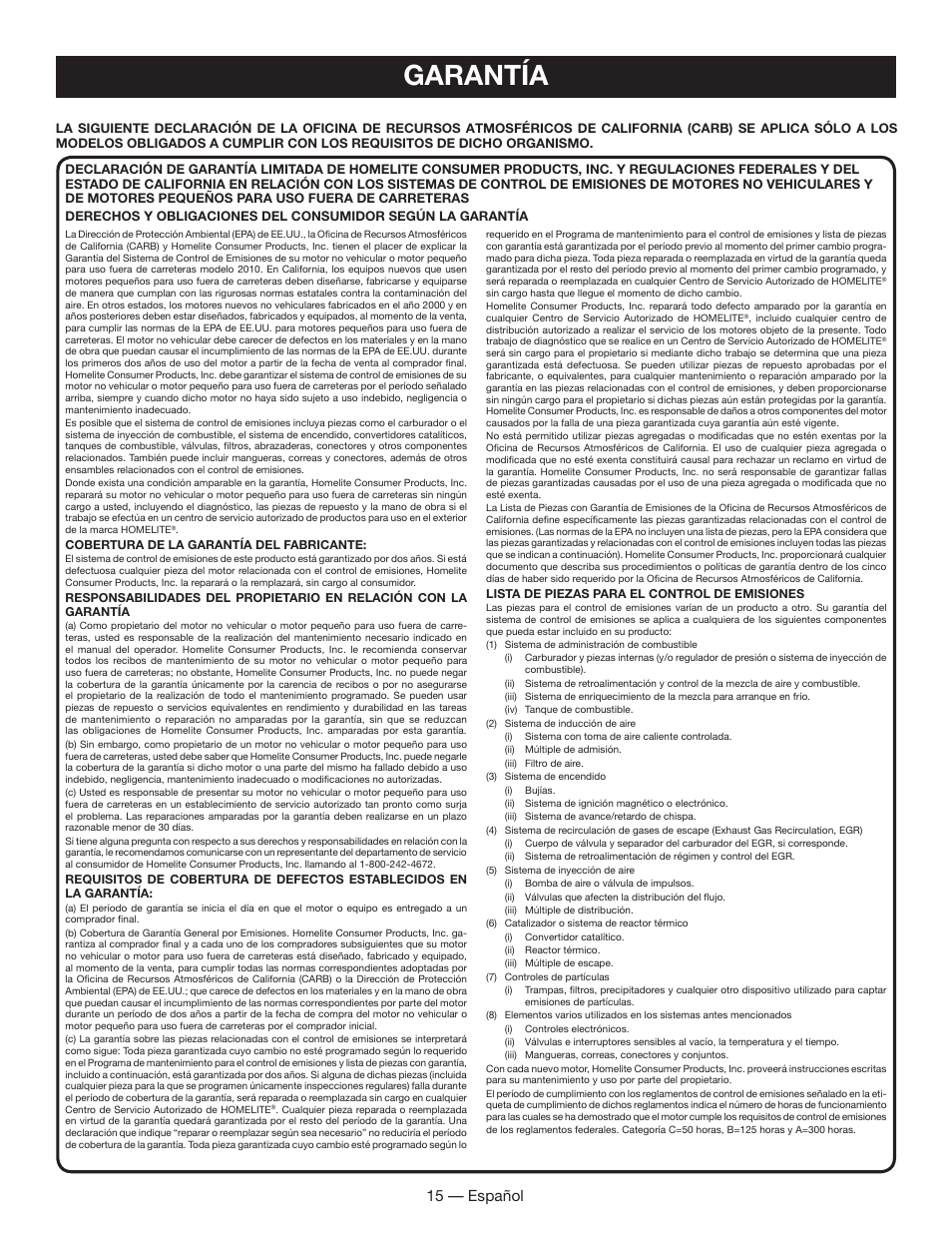 Garantía, 15 — español | Homelite UT60526 User Manual | Page 45 / 48
