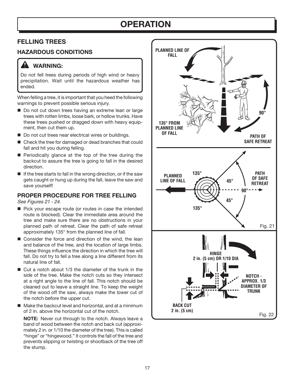 Operation, Felling trees | Homelite UT10032 User Manual | Page 17 / 38