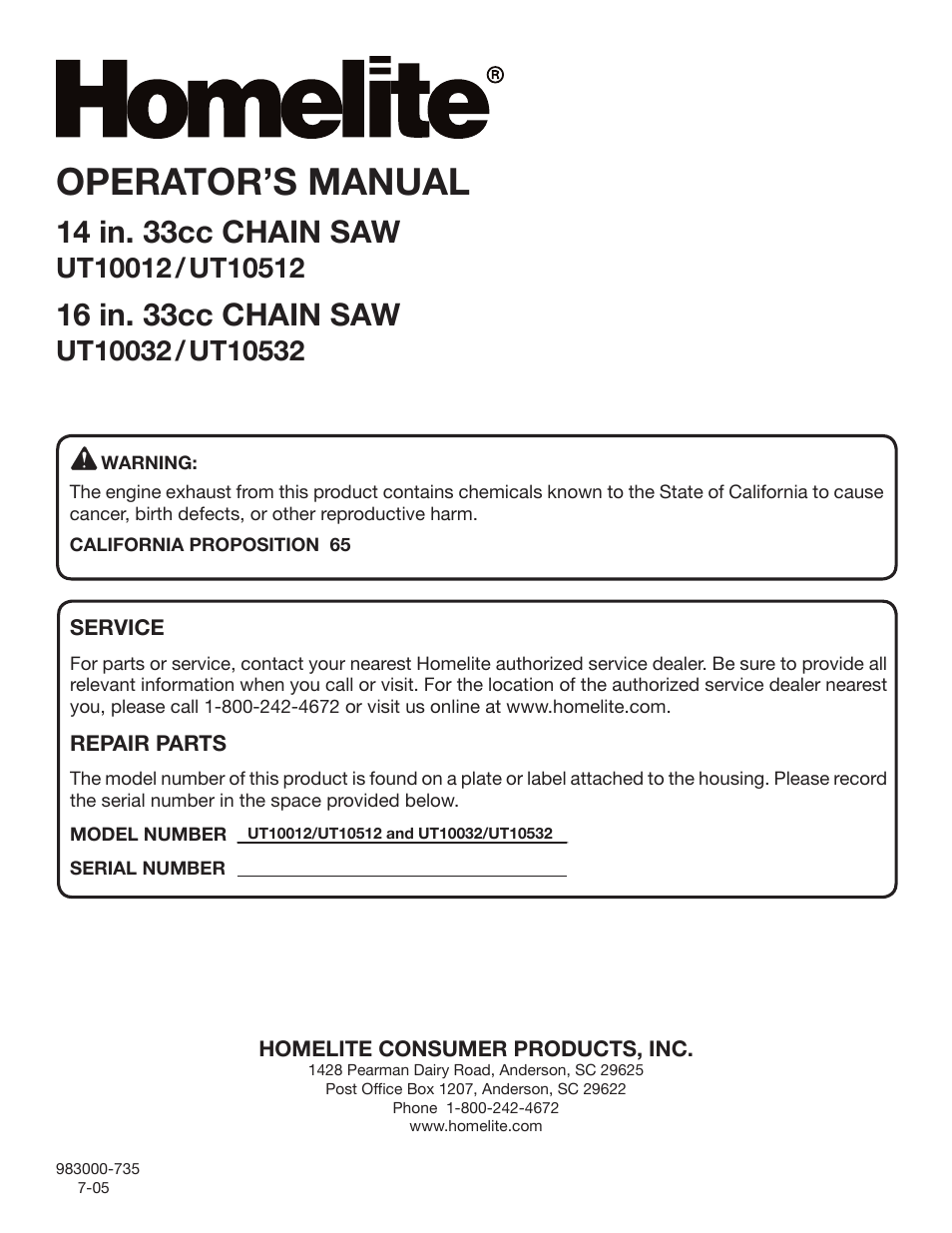 Operator’s manual, 14 in. 33cc chain saw, 16 in. 33cc chain saw | Homelite UT10032 User Manual | Page 38 / 38