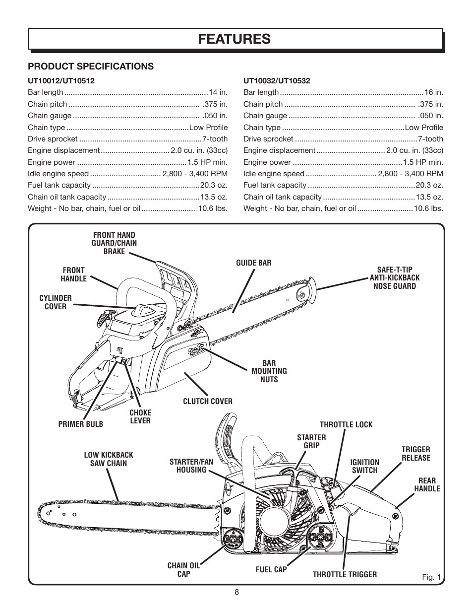 Features | Homelite UT10032 User Manual | Page 8 / 38