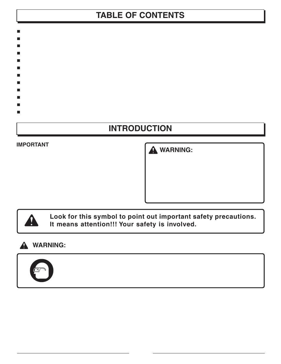 Introduction table of contents, Warning | Homelite UT10901B User Manual | Page 2 / 36