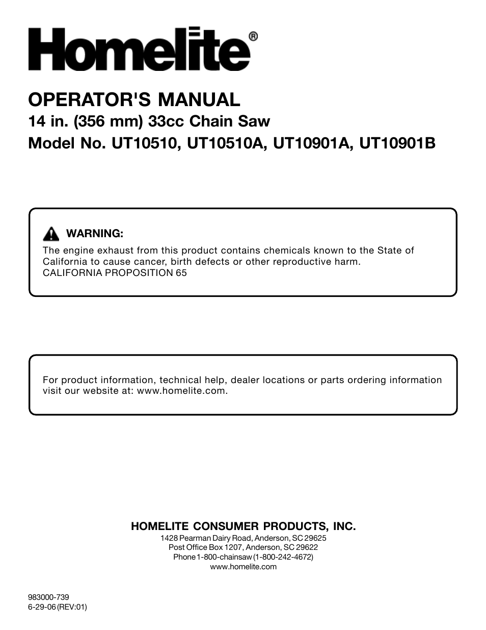 Operator's manual | Homelite UT10901B User Manual | Page 36 / 36