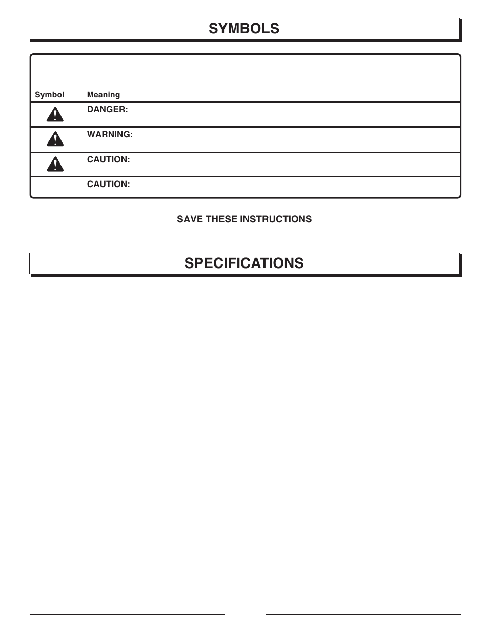 Specifications, Symbols | Homelite UT10901B User Manual | Page 7 / 36