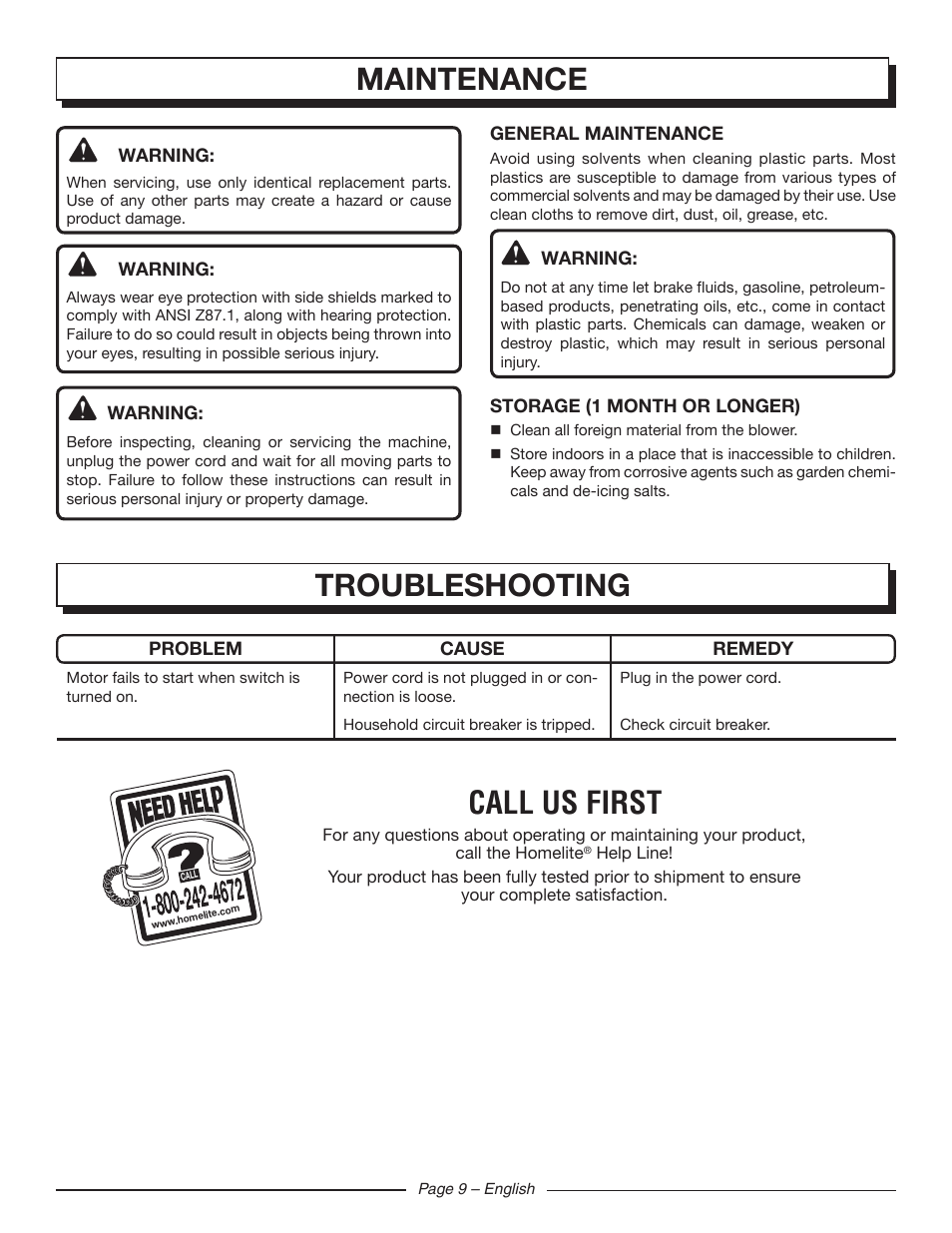 Maintenance, Troubleshooting, Call us first | Homelite UT42100 User Manual | Page 11 / 30