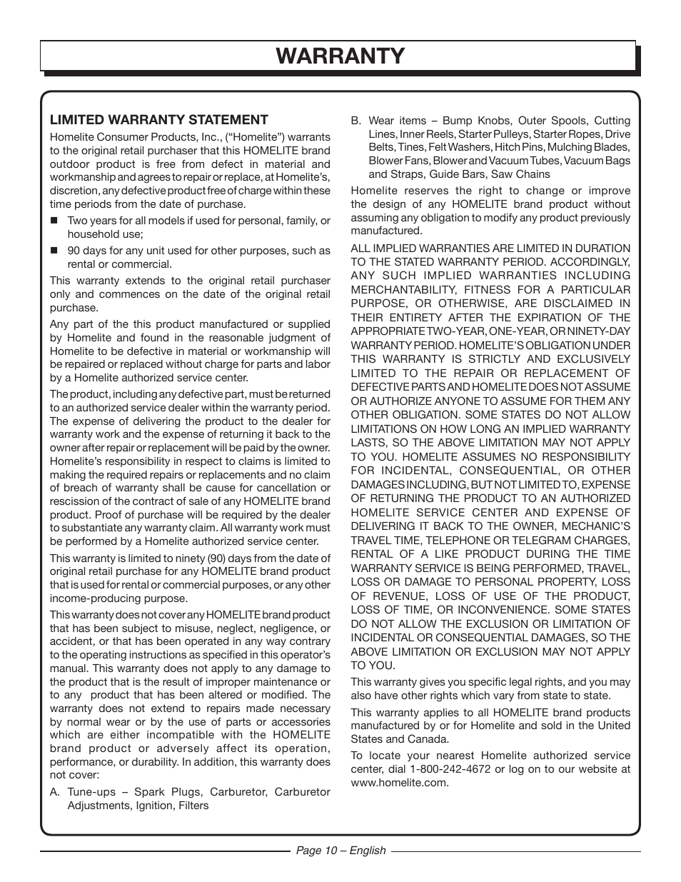 Warranty | Homelite UT42100 User Manual | Page 12 / 30