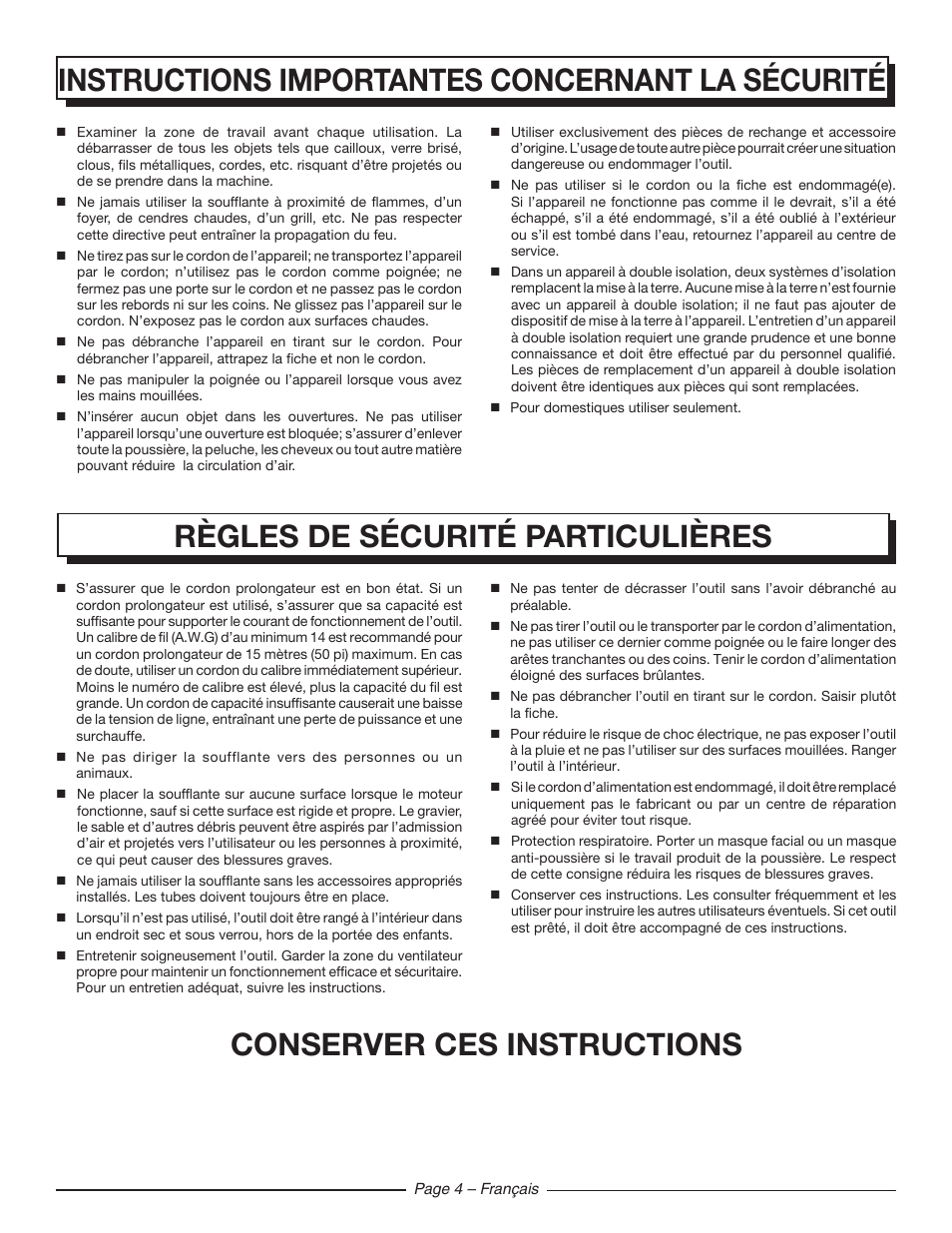 Conserver ces instructions | Homelite UT42100 User Manual | Page 14 / 30