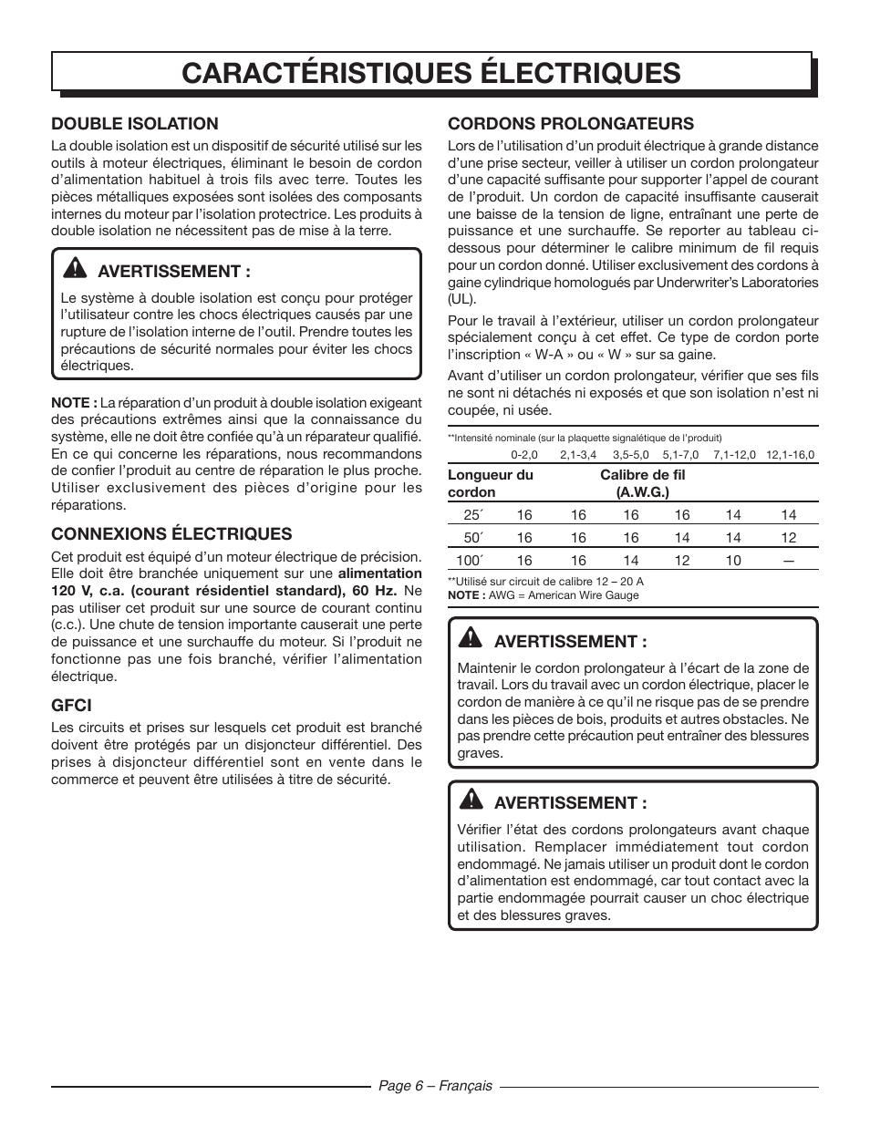 Caractéristiques électriques | Homelite UT42100 User Manual | Page 16 / 30