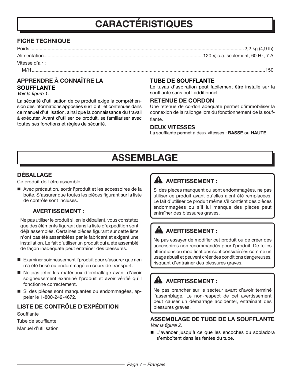 Assemblage, Caractéristiques | Homelite UT42100 User Manual | Page 17 / 30