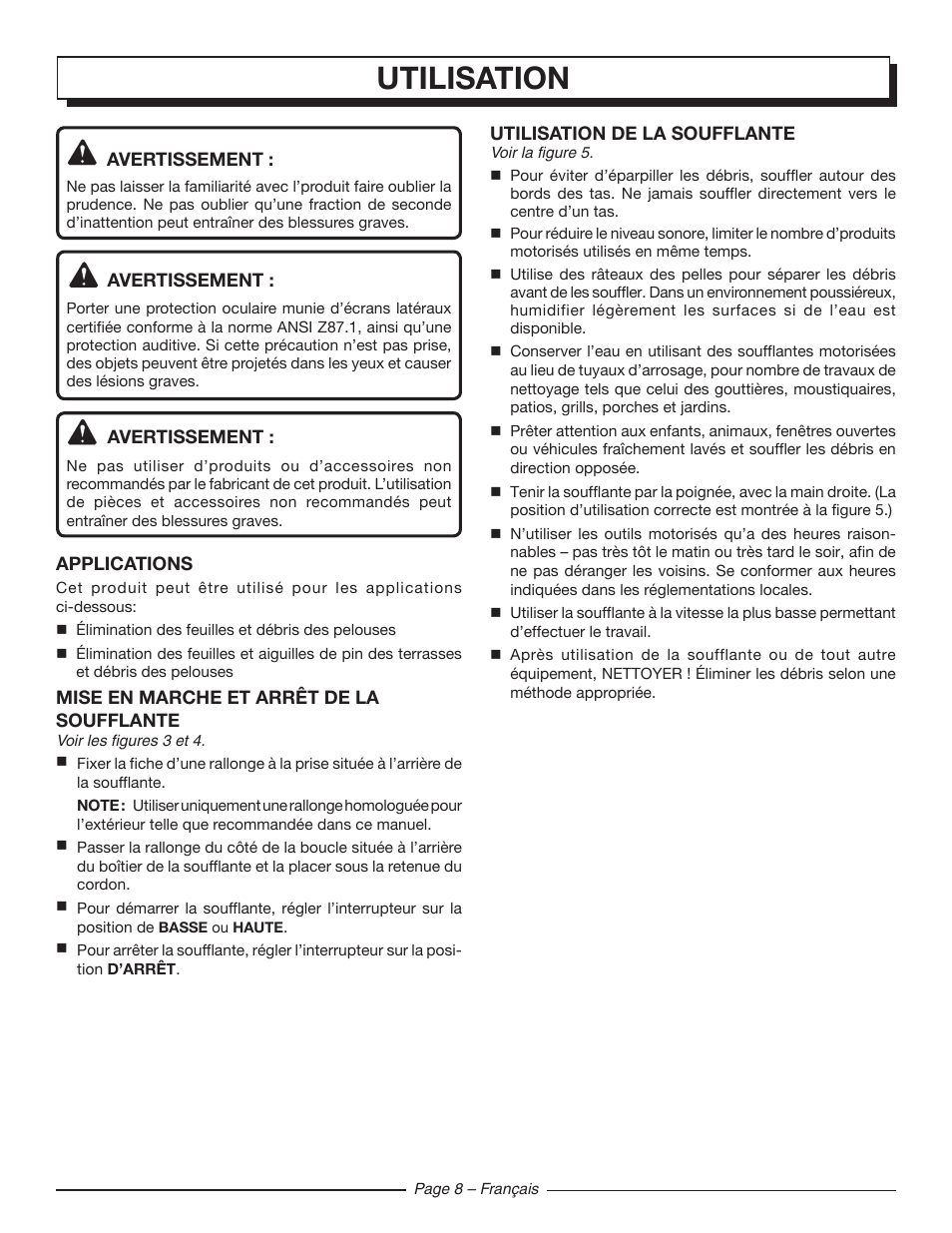 Utilisation | Homelite UT42100 User Manual | Page 18 / 30