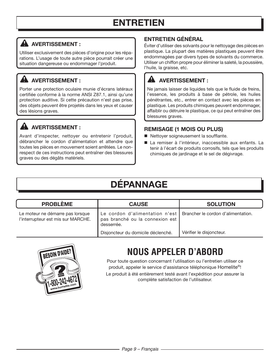 Entretien, Dépannage, Nous appeler d’abord | Besoin d’aid e | Homelite UT42100 User Manual | Page 19 / 30