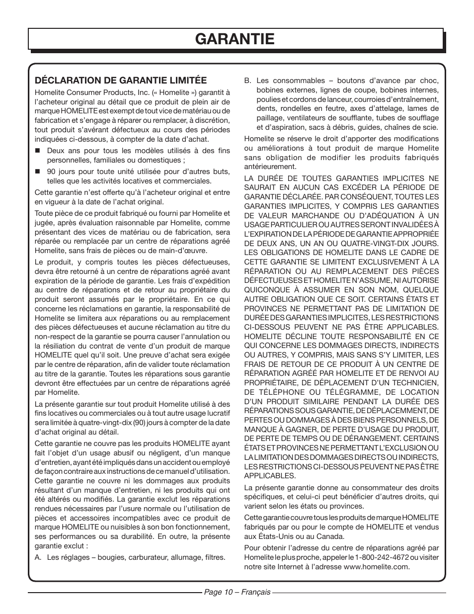Garantie | Homelite UT42100 User Manual | Page 20 / 30