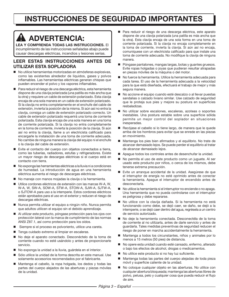 Instrucciones de seguridad importantes advertencia | Homelite UT42100 User Manual | Page 21 / 30