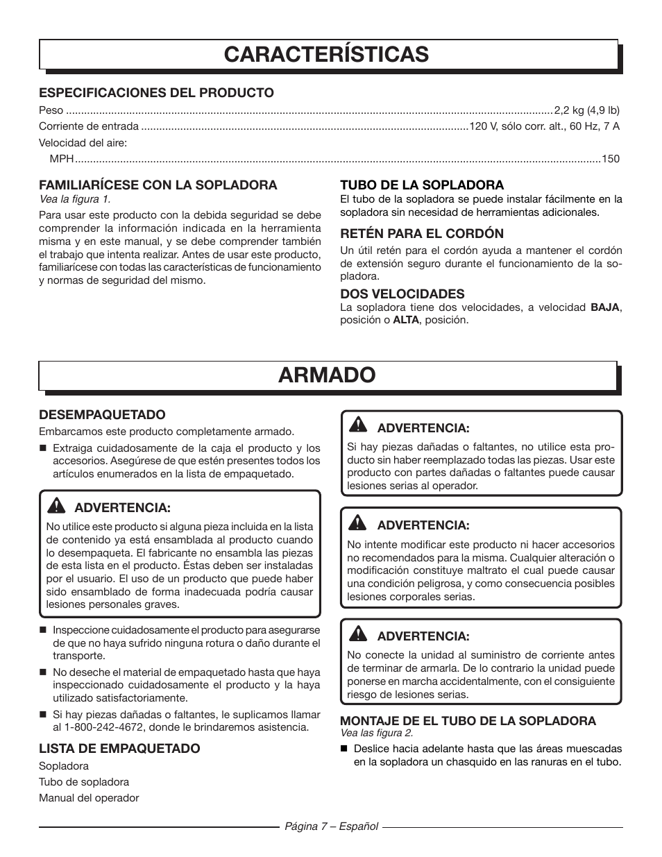 Armado, Características | Homelite UT42100 User Manual | Page 25 / 30