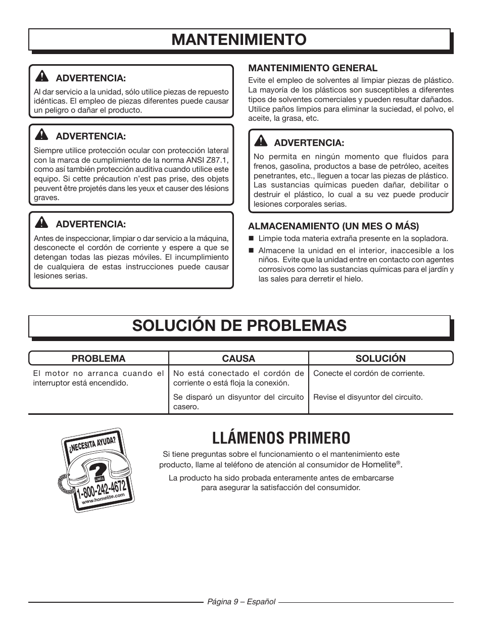 Solución de problemas, Mantenimiento, Llámenos primero | Homelite UT42100 User Manual | Page 27 / 30