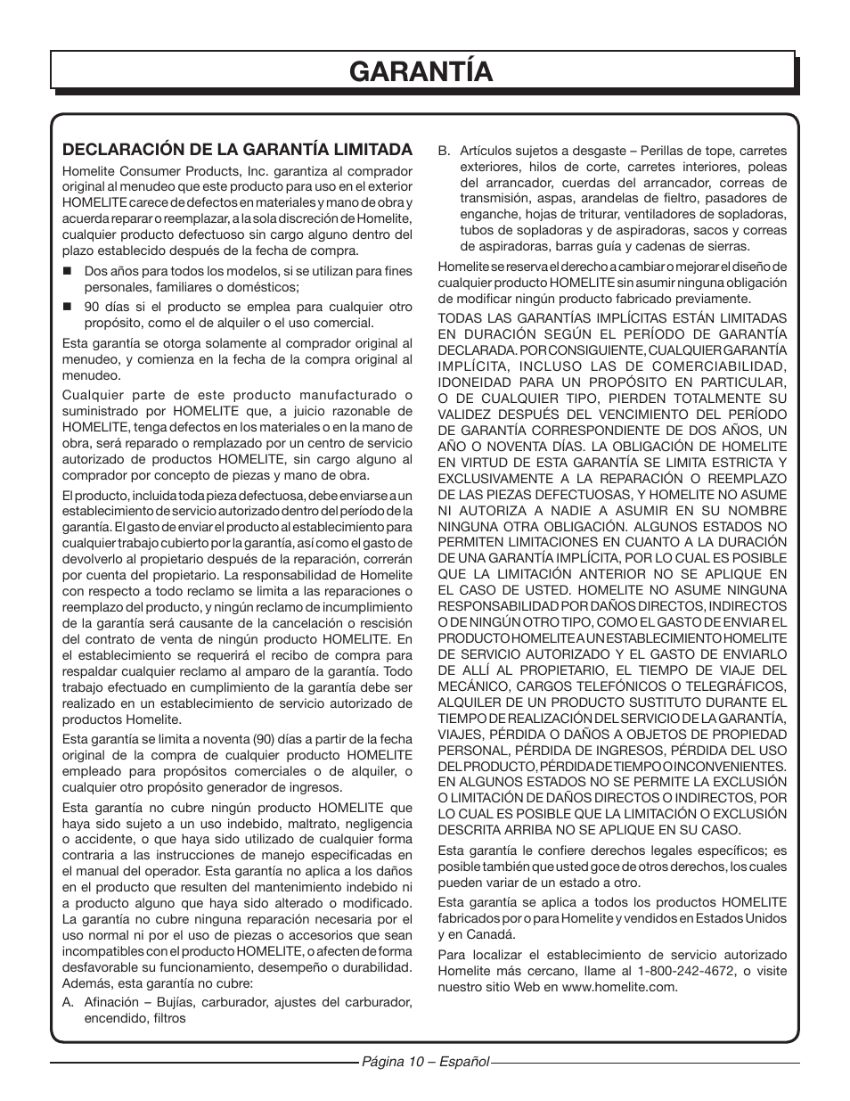 Garantía | Homelite UT42100 User Manual | Page 28 / 30