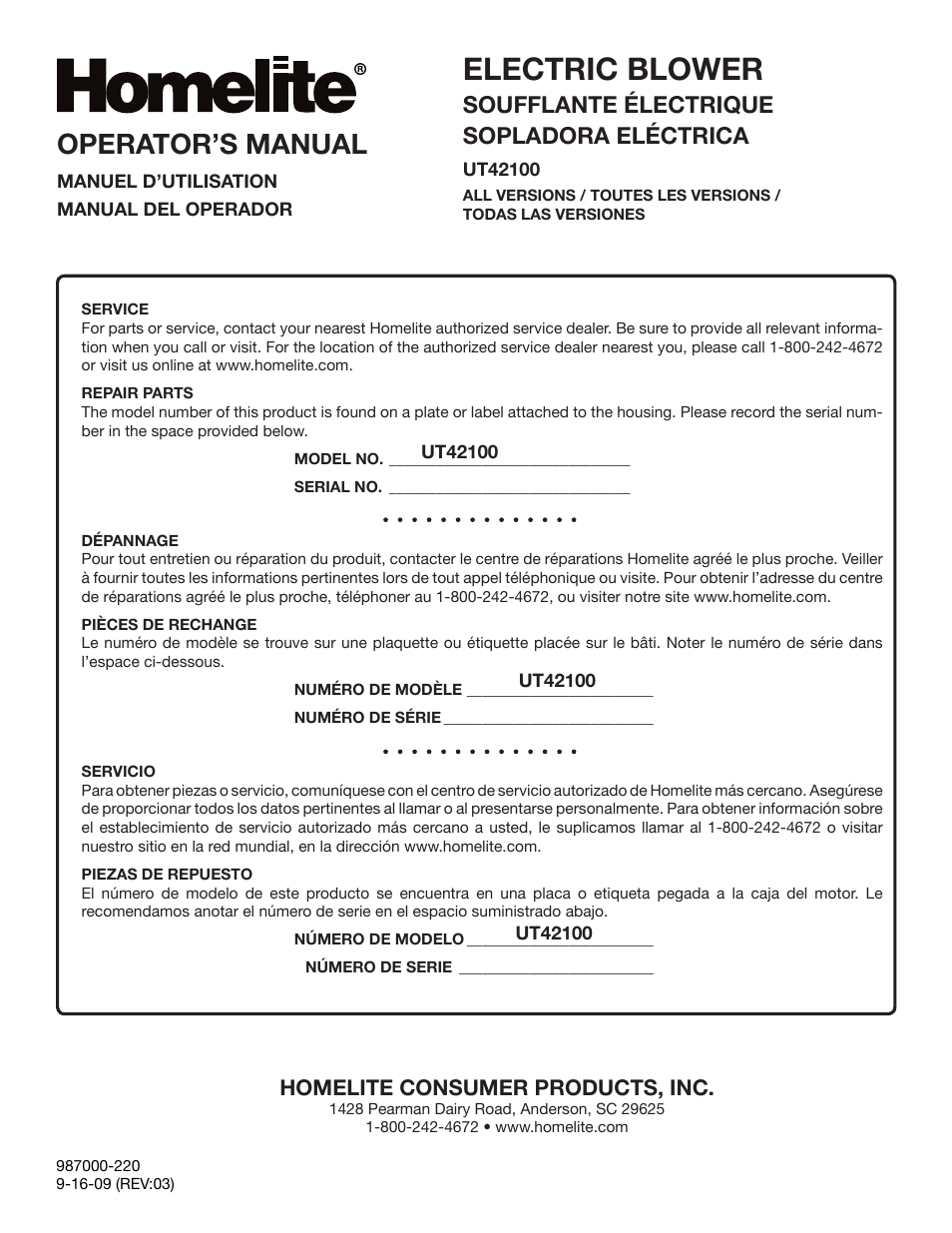 Electric blower, Operator’s manual, Soufflante électrique sopladora eléctrica | Homelite consumer products, inc | Homelite UT42100 User Manual | Page 30 / 30