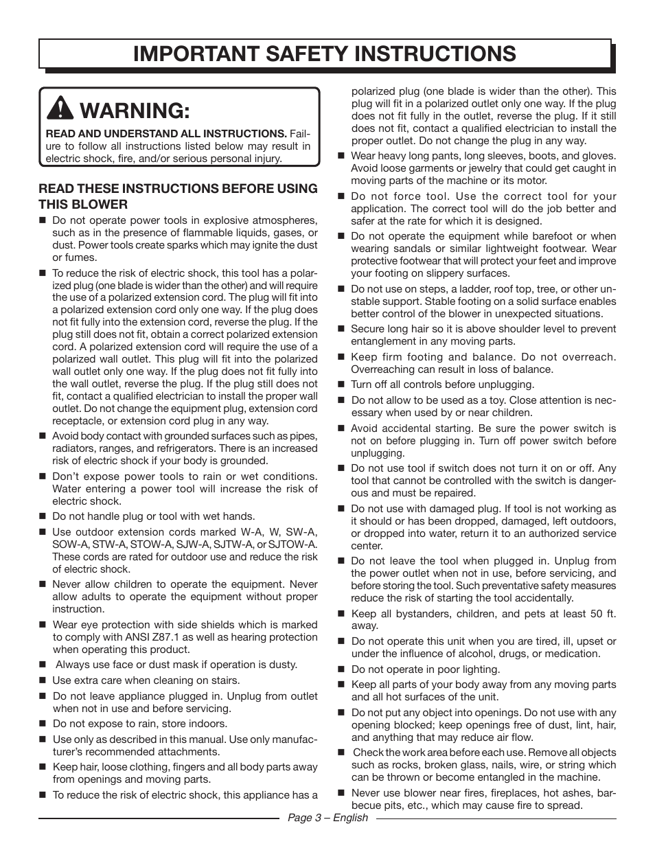 Important safety instructions warning | Homelite UT42100 User Manual | Page 5 / 30