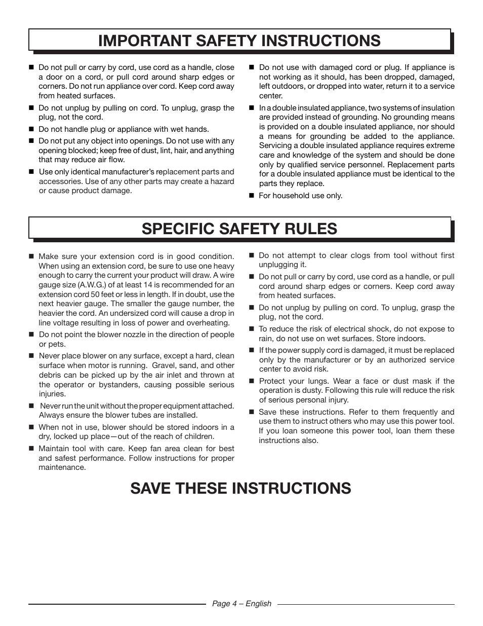 Specific safety rules, Important safety instructions, Save these instructions | Homelite UT42100 User Manual | Page 6 / 30