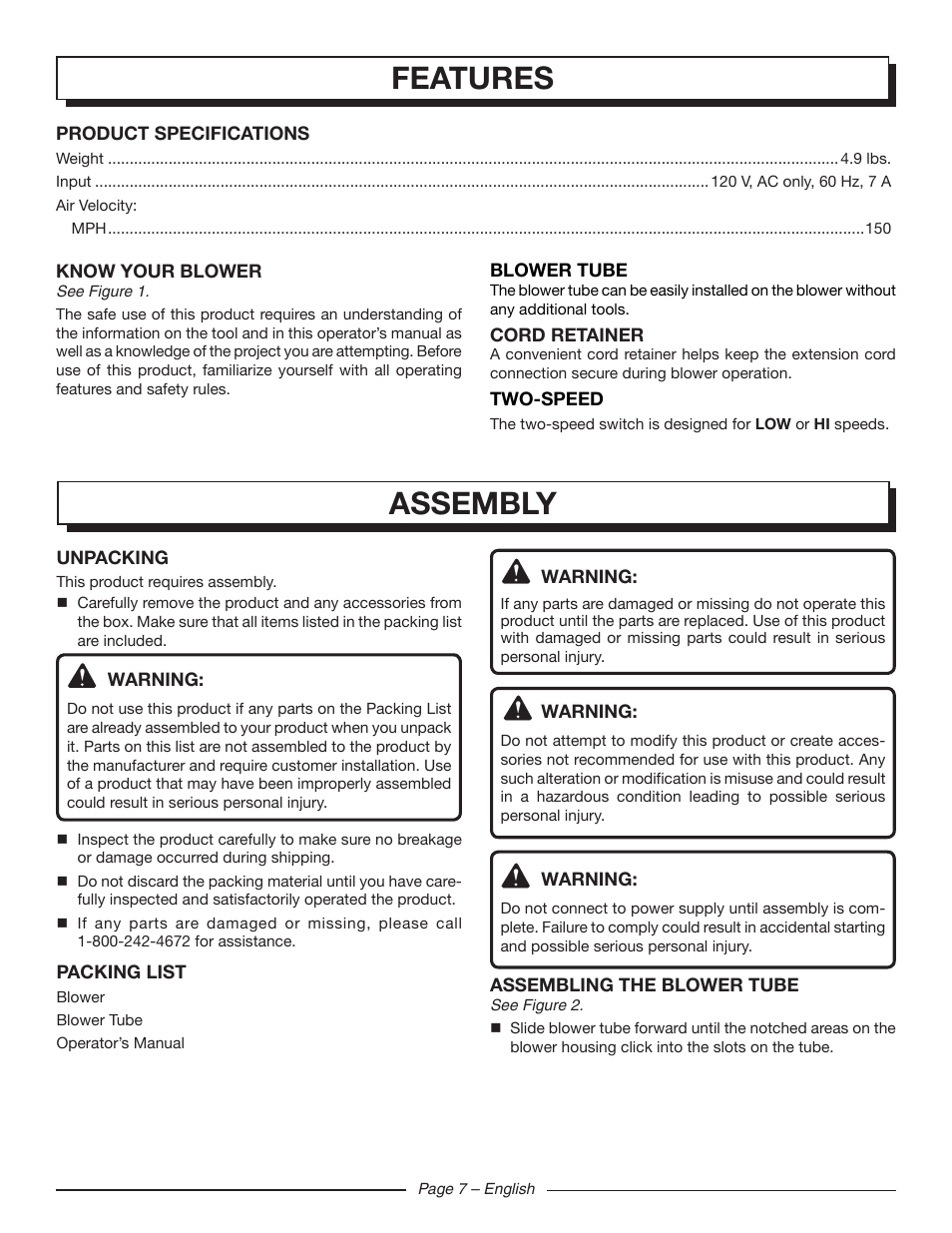 Features, Assembly | Homelite UT42100 User Manual | Page 9 / 30