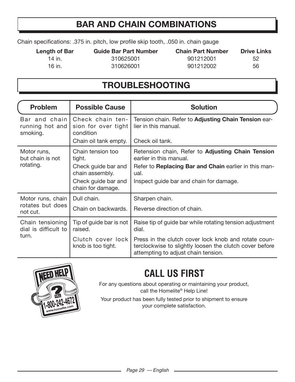 Call us first, Bar and chain combinations, Troubleshooting | Homelite UT43122 User Manual | Page 29 / 88