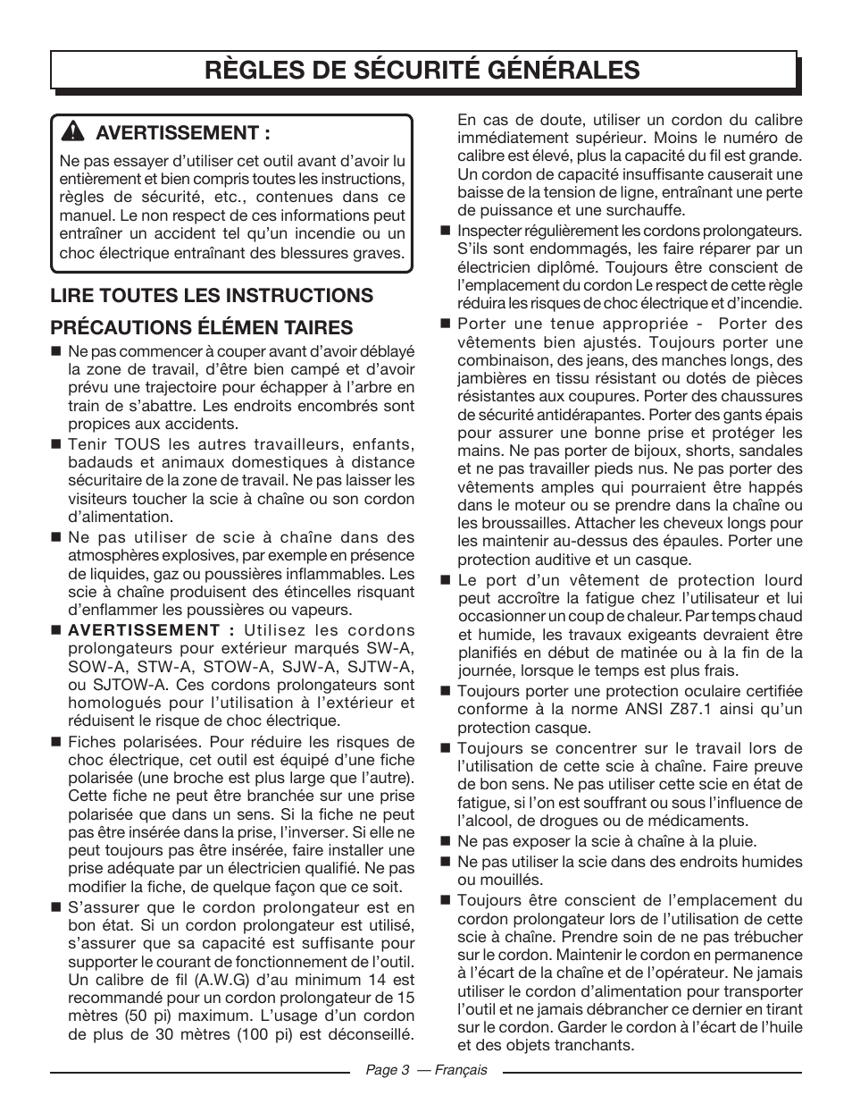 Règles de sécurité générales, Avertissement | Homelite UT43122 User Manual | Page 31 / 88