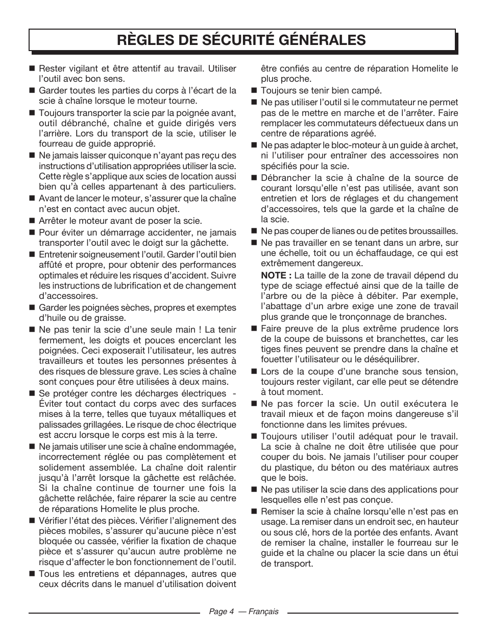 Règles de sécurité générales | Homelite UT43122 User Manual | Page 32 / 88