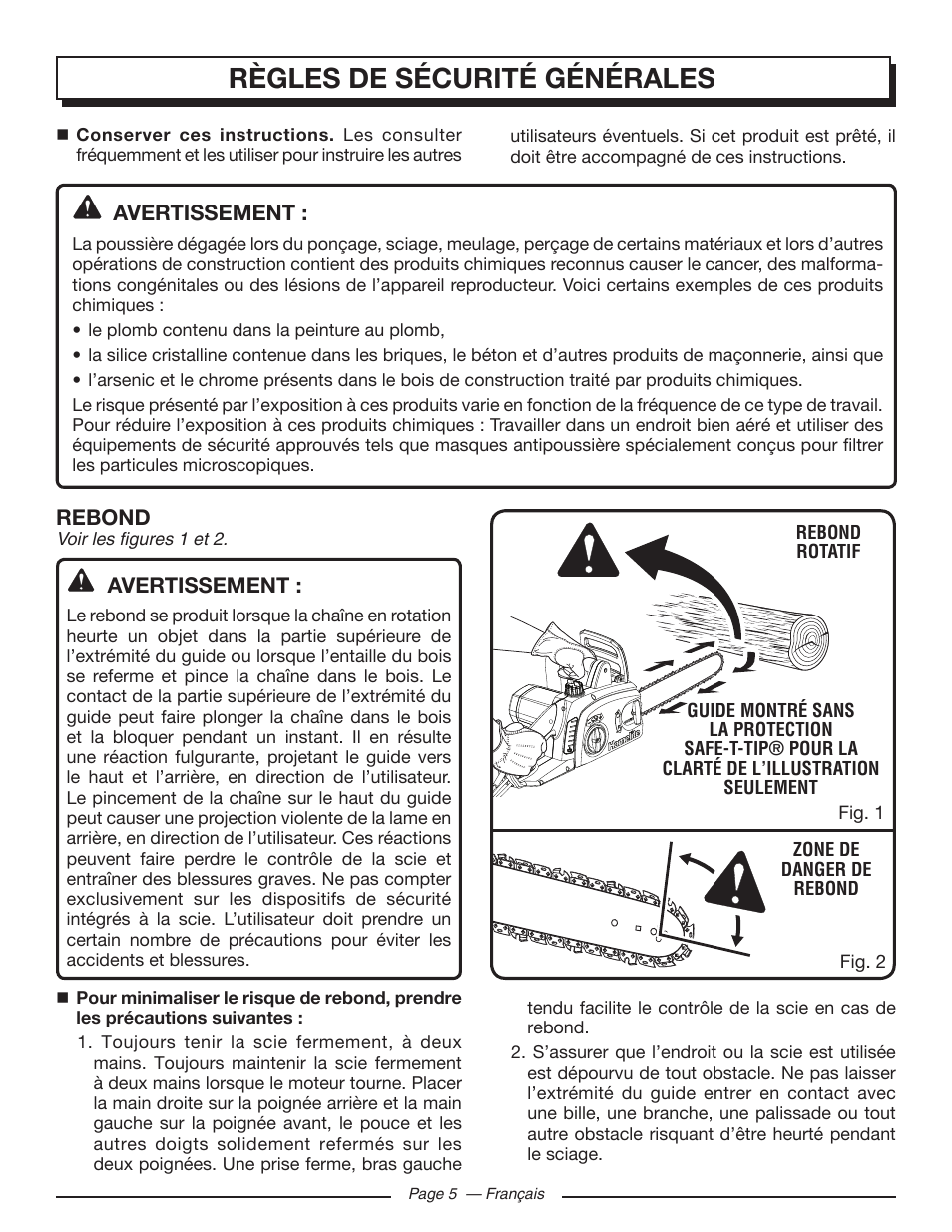 Règles de sécurité générales, Avertissement, Rebond | Homelite UT43122 User Manual | Page 33 / 88