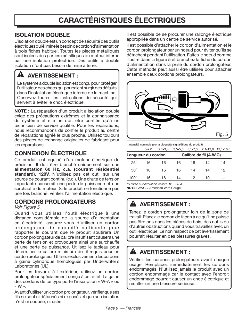 Fonctions caractéristiques électriques, Isolation double, Avertissement | Connexion électrique, Cordons prolongateurs | Homelite UT43122 User Manual | Page 37 / 88