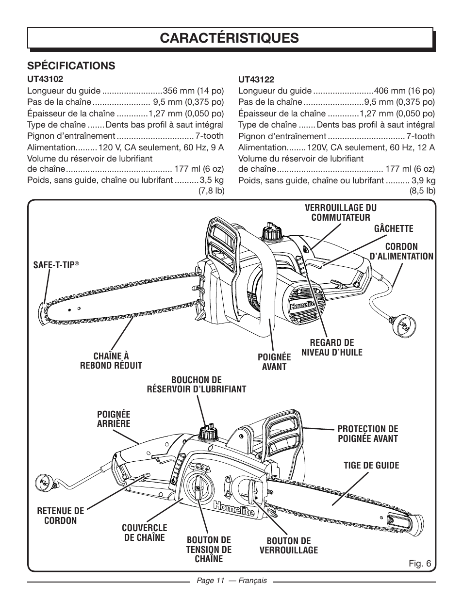 Caractéristiques | Homelite UT43122 User Manual | Page 39 / 88