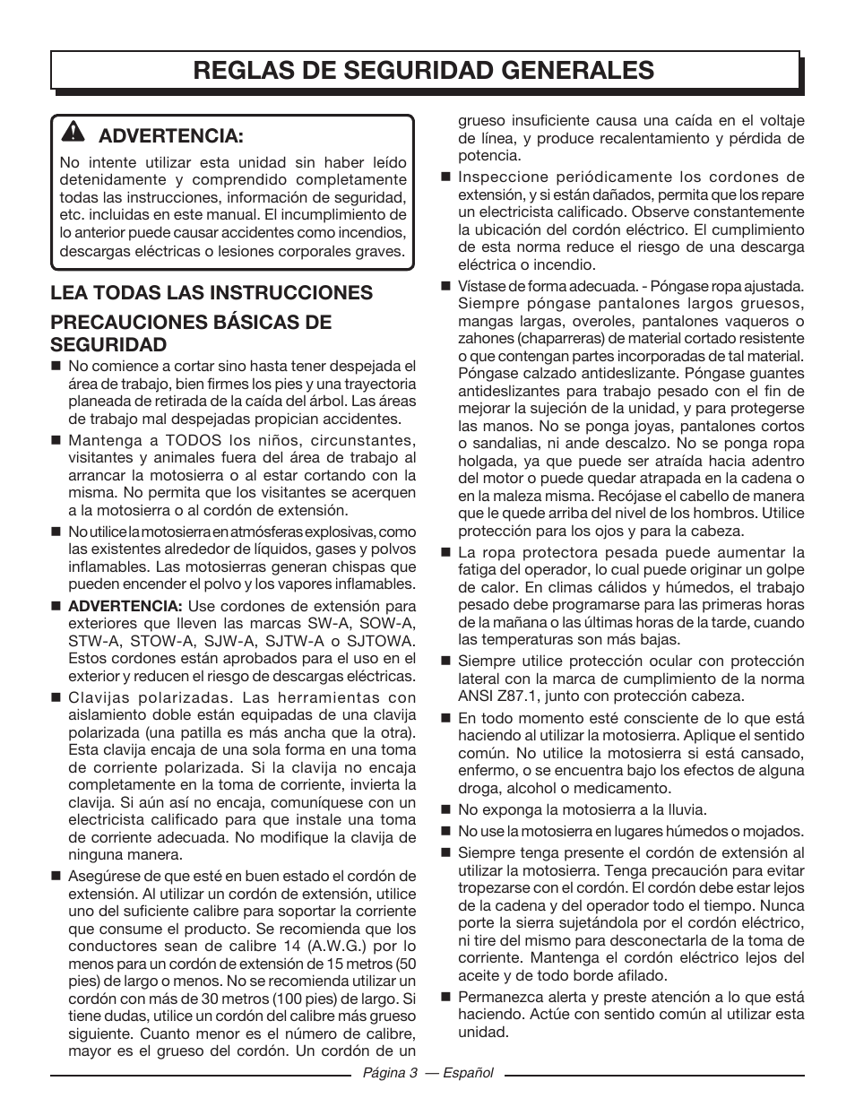 Reglas de seguridad generales, Advertencia | Homelite UT43122 User Manual | Page 59 / 88